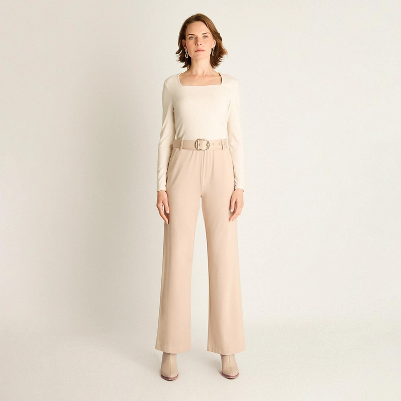 PANTALON FORMAL BEIGE CORTE RECTO CON CINTURON - 4