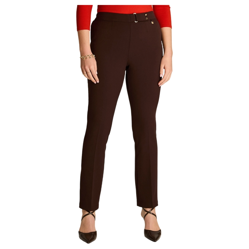 PANTALON CAFE  BASICO RECTO CON PRETINA ELASTICADA - 1