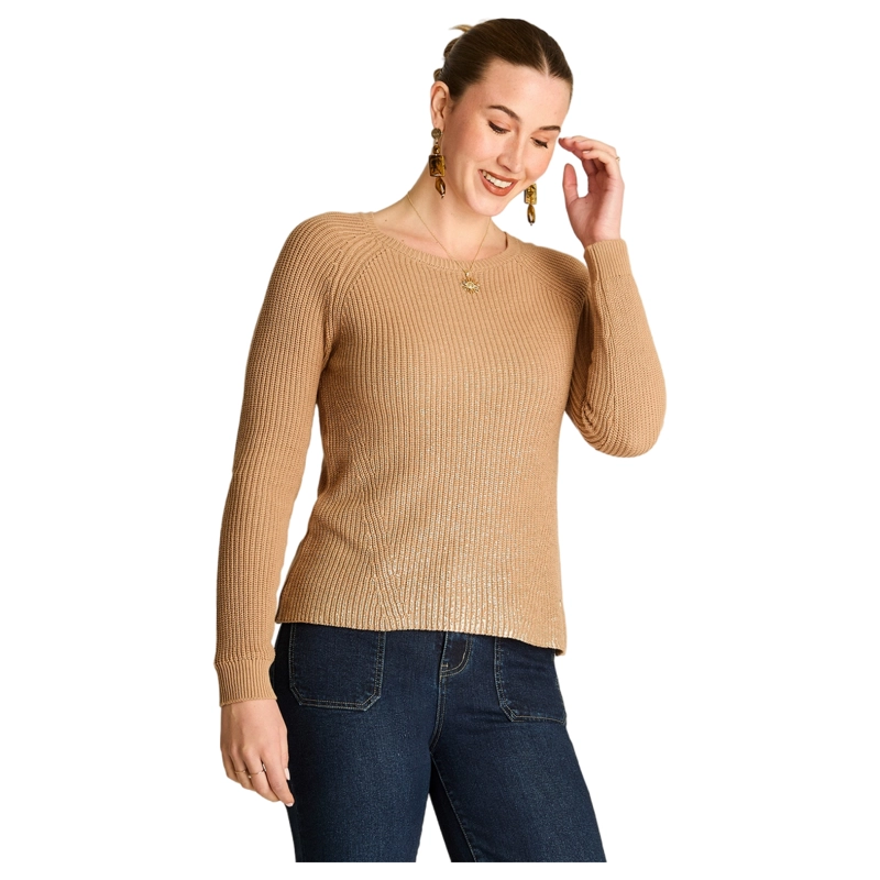 SWEATER CAMEL ESCOTE V CON CORTES DELANTEROS - 1