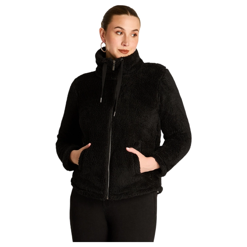 POLERON CORAL FLEECE MUJER FULL ZIPPER EFECTO PIEL NEGRO - 1
