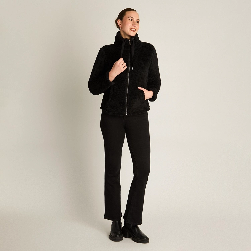 POLERON CORAL FLEECE MUJER FULL ZIPPER EFECTO PIEL NEGRO - 4