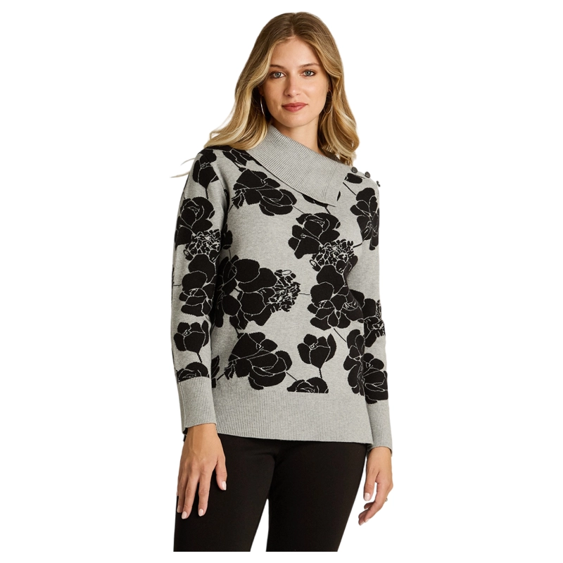 SWEATER GRIS CON ESTAMPADO FLORAL Y CUELLO ASIME TRICO EN TEJIDO - 1