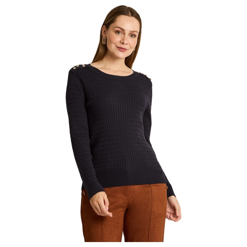 SWEATER AZUL MARINO CON TRENZADO EN RELIEVE Y BOTONES DORADOS EN HOMBRO - 1