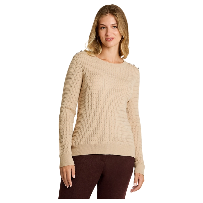 SWEATER BEIGE CON TRENZADO EN RELIEVE Y BOTONES PLATEADOS EN HOMBRO - 1