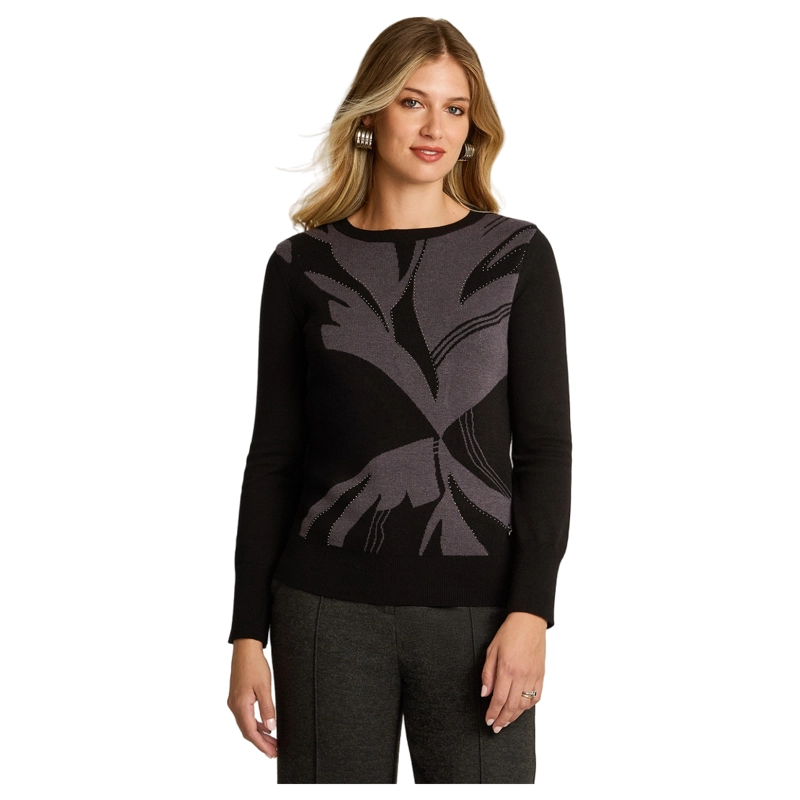 SWEATER NEGRO CON ESTAMPADO FLORAL ABSTRACTO EN TEJIDO - 1