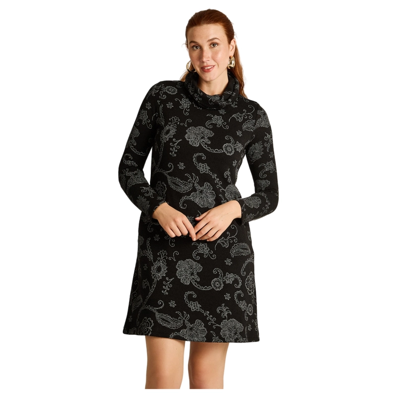 VESTIDO NEGRO EN LANILLA CON CUELLO ALTO Y ESTAMPADO FLORAL - 1