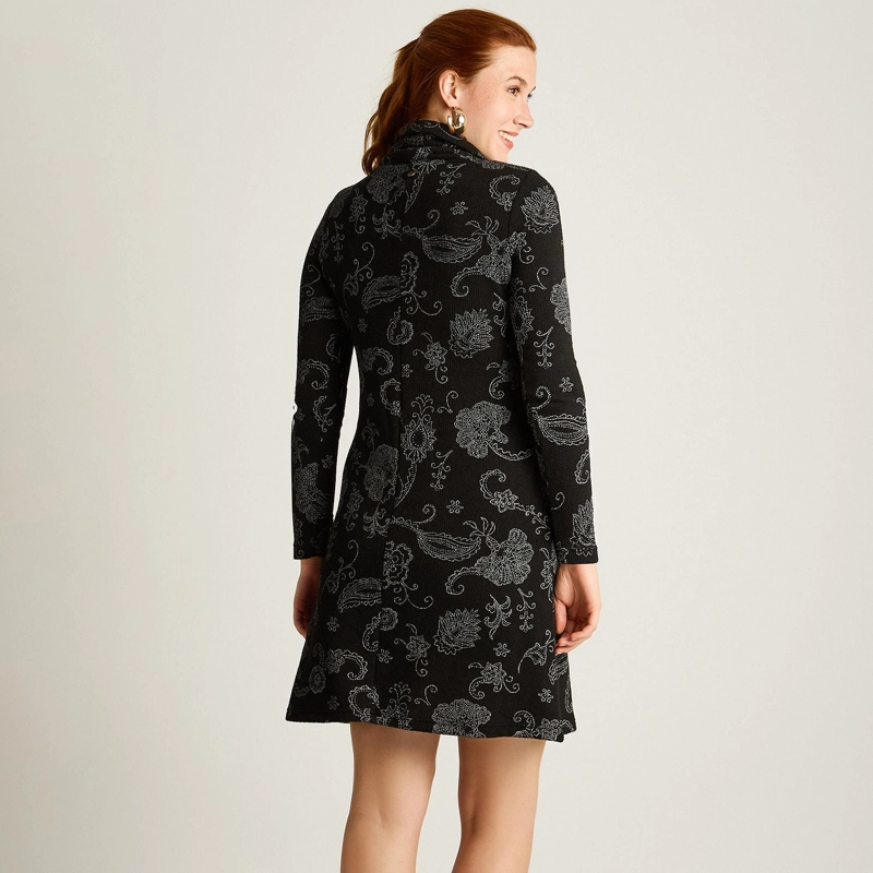 VESTIDO NEGRO EN LANILLA CON CUELLO ALTO Y ESTAMPADO FLORAL - 2