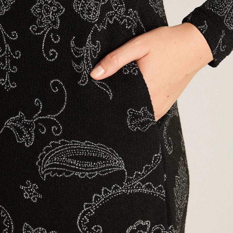 VESTIDO NEGRO EN LANILLA CON CUELLO ALTO Y ESTAMPADO FLORAL - 3
