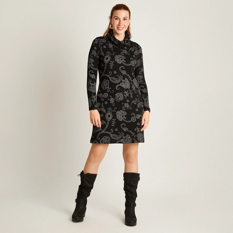 VESTIDO NEGRO EN LANILLA CON CUELLO ALTO Y ESTAMPADO FLORAL - 4
