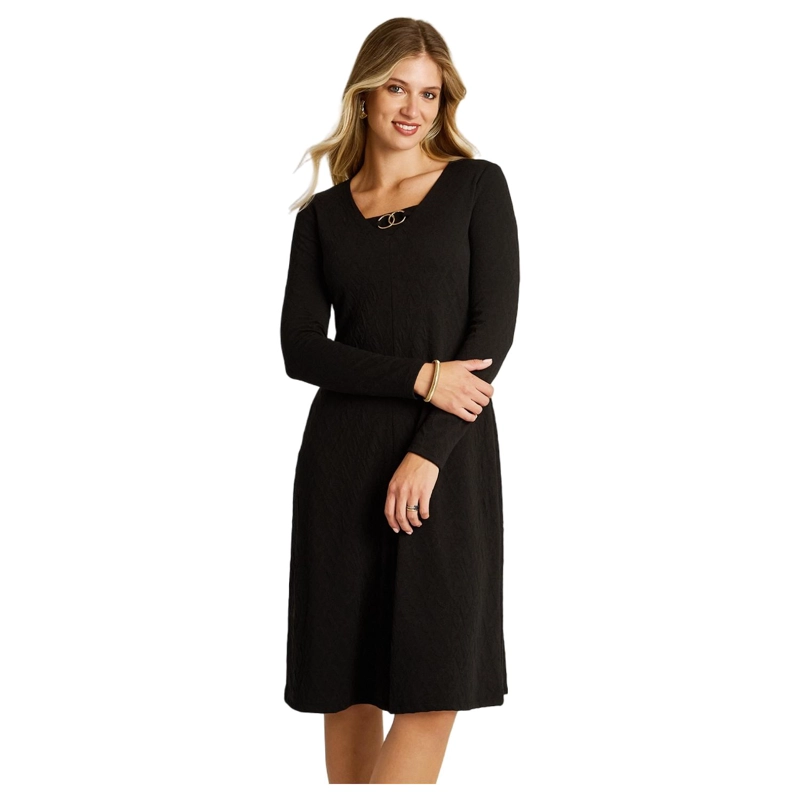 VESTIDO MIDI NEGRO EN LANILLA CON ESCOTE EN V Y DETALLE DORADO - 1