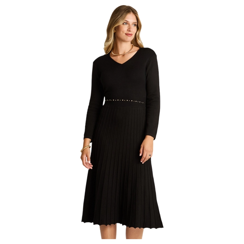 VESTIDO TEJIDO NEGRO MIDI CON FALDA PLISADA Y TACHAS - 1