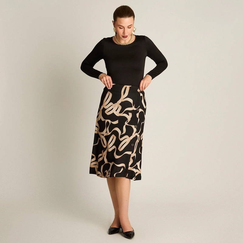 FALDA LANILLA NEGRA ESTAMPADA MIDI - 4