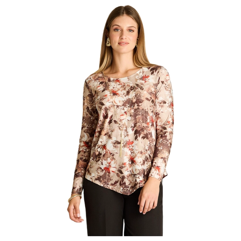 POLERA CAMEL MANGA LARGA ESTAMPADA CON CUELLO REDONDO Y COLLAR - 1