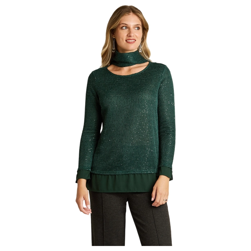 POLERA VERDE DE LANILLA CON LENTEJUELAS Y BUFANDA INCORPORADA - 1