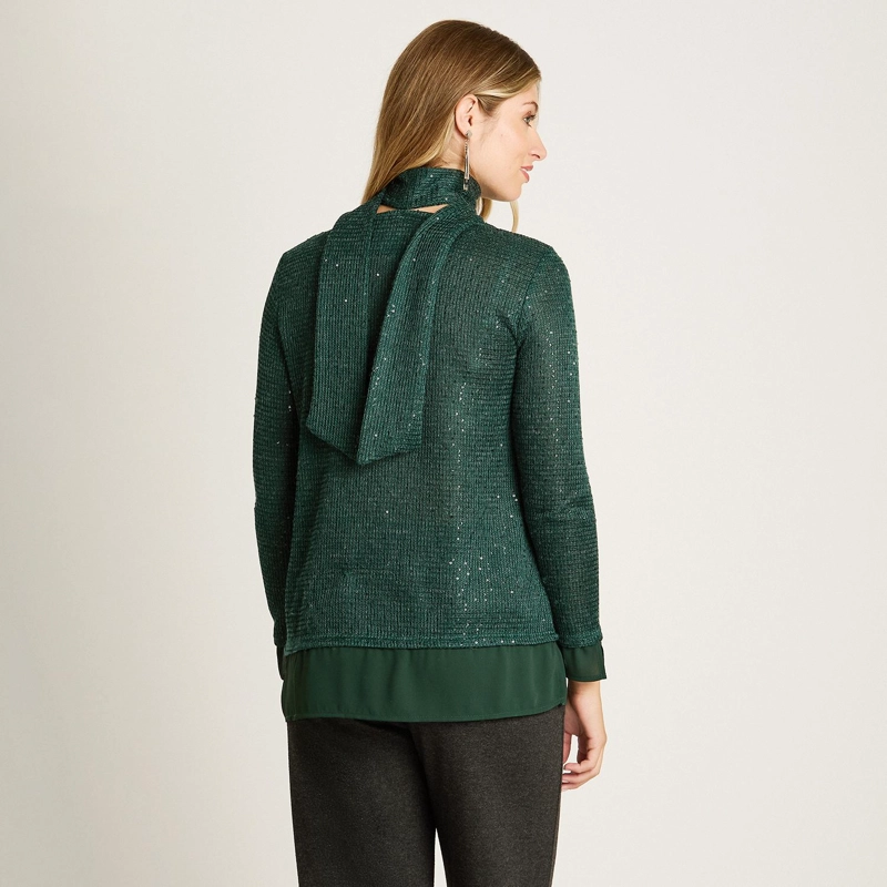 POLERA VERDE DE LANILLA CON LENTEJUELAS Y BUFANDA INCORPORADA - 2