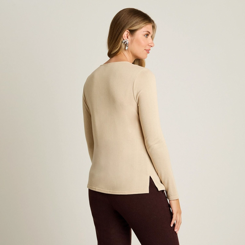 POLERA BEIGE MANGA LARGA ELASTICIDAD MEDIA SIN FORRO CALCE NORMAL TELA CAMANT - 2