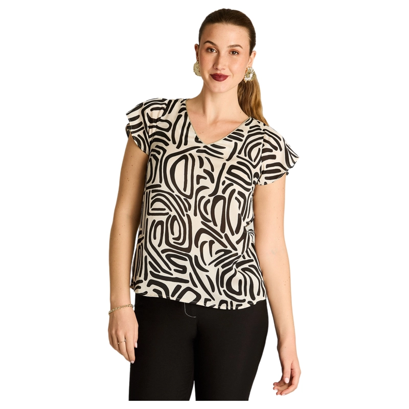 BLUSA ARENA ESTAMPADA CON ESCOTE EN V Y MANGA CORTA - 1