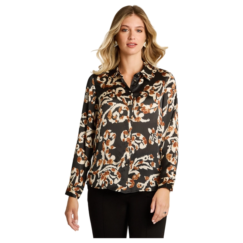 BLUSA CAMISERA NEGRA CON ESTAMPADO FLORAL Y MANGA LARGA - 1