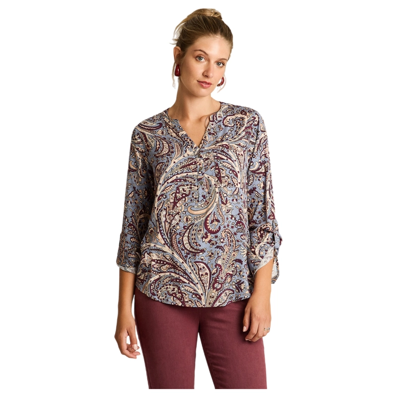 BLUSA AZUL CON ESTAMPADO FLORAL Y MANGA ROLL UP - 1