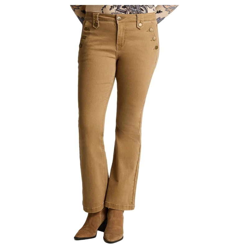 JEANS CAMEL CORTE FLARE CON BOTONES DORADOS EN BOLSILLOS - 1