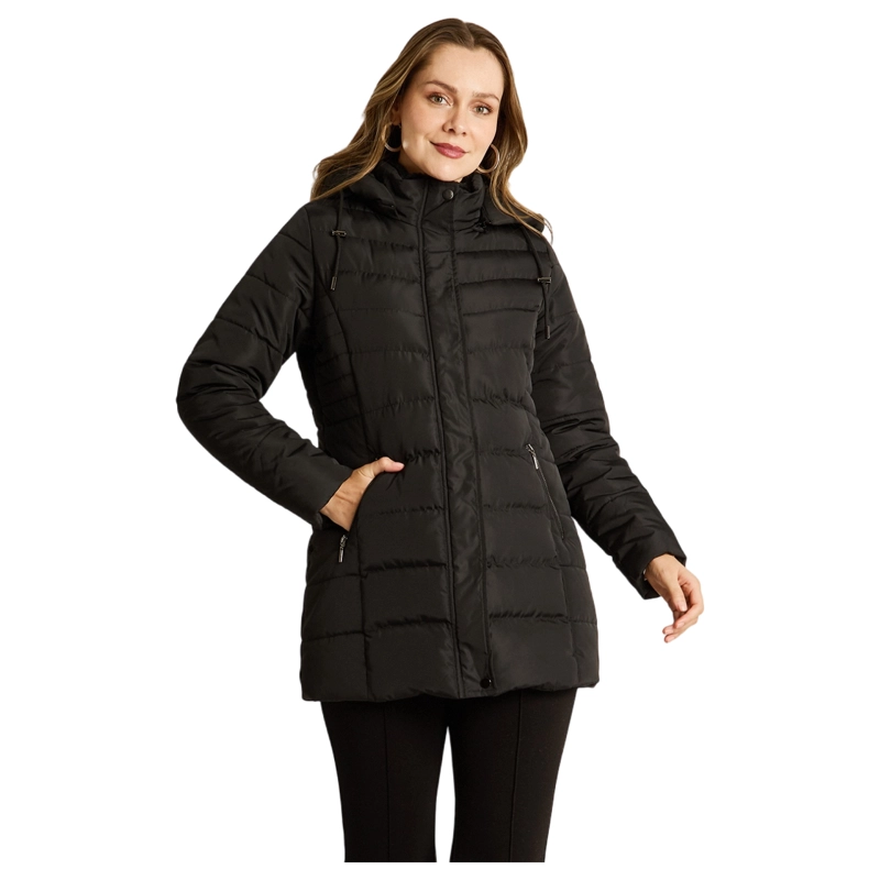 PARKA LARGA NEGRA CON GORRO Y DISEÑO QUILTED - 1