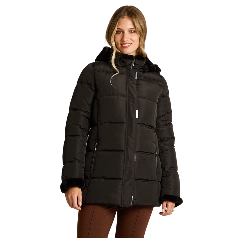 PARKA LARGA NEGRA CON GORRO PELUDO Y DETALLES DE PELUCHE - 1