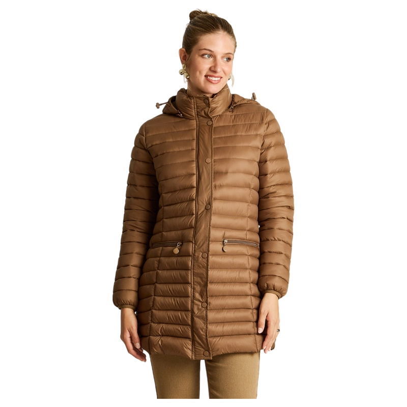 PARKA LARGA CAFE  CON DISEÑO QUILTED Y GORRO DESMONTABLE - 1