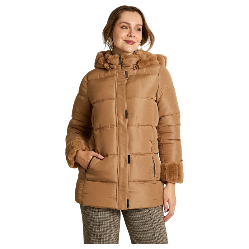 PARKA LARGA CAMEL CON GORRO PELUDO Y DETALLES DE PELUCHE - 1