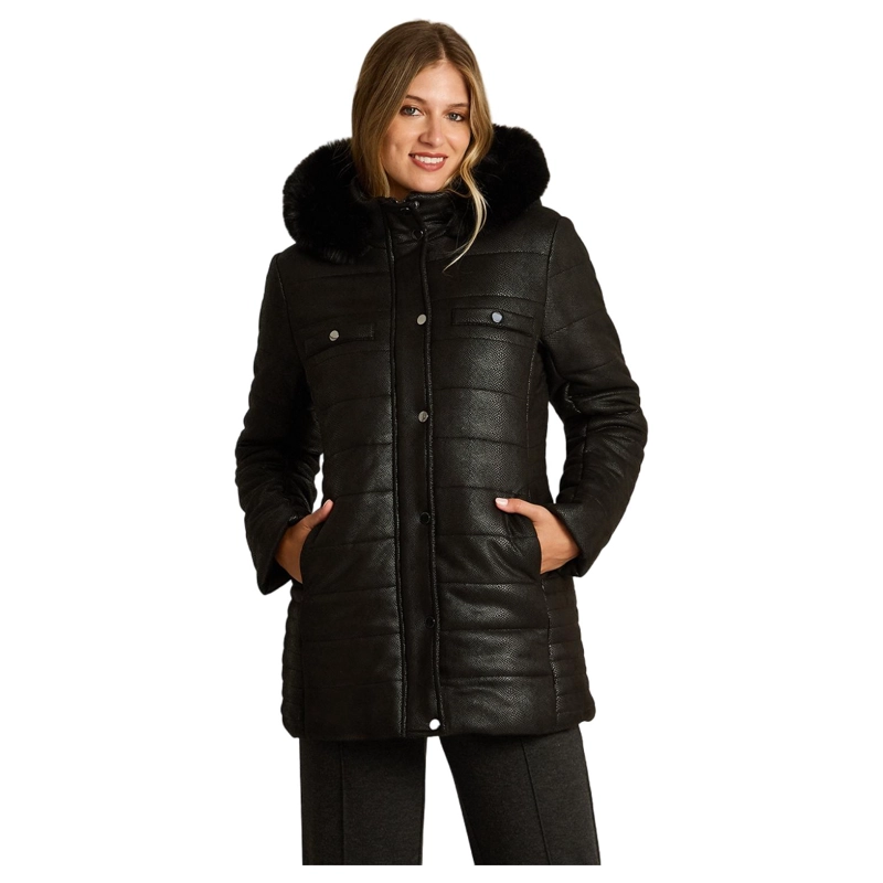 PARKA NEGRA SUEDE TEXTURIZADO CON GORRO PELUDO Y FORRO - 1