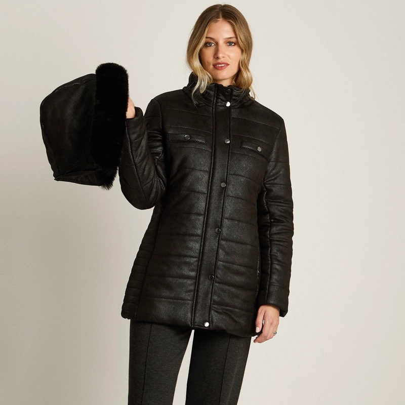 PARKA NEGRA SUEDE TEXTURIZADO CON GORRO PELUDO Y FORRO - 5