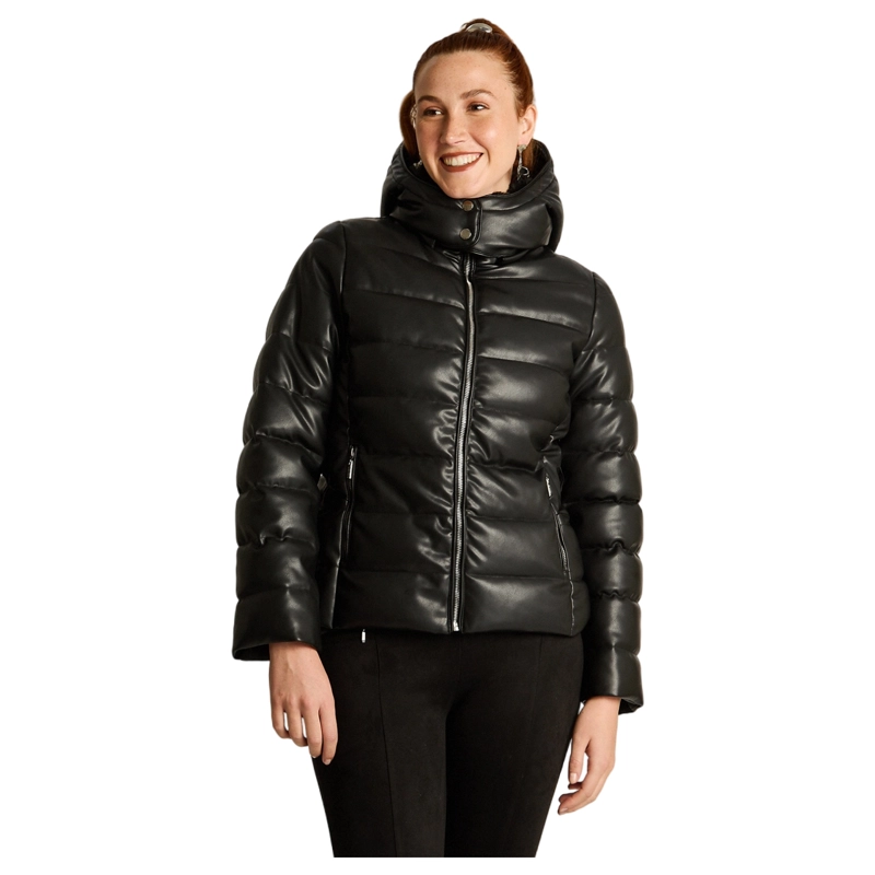 PARKA NEGRA DE ECOCUERO CON DISEÑO QUILTED Y GORRO - 1