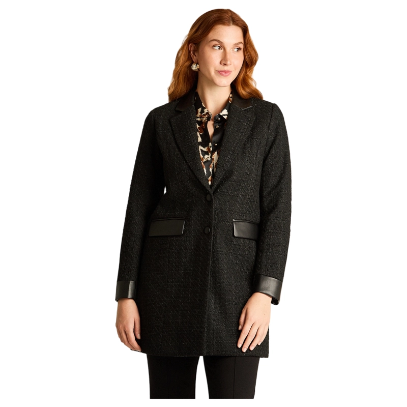 ABRIGO NEGRO CON LUREX DOS BOTONES Y DETALLES EN ECOCUERO - 1
