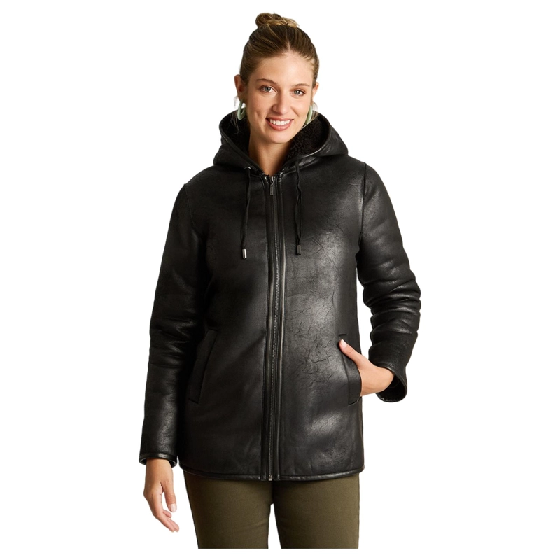 CHAQUETA NEGRA DE ECOCUERO CON GORRO Y FORRO SHERPA - 1