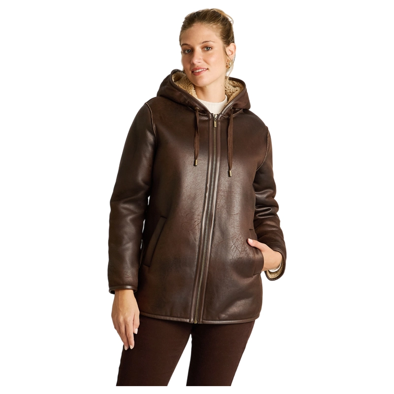 CHAQUETA CAFE  DE ECOCUERO CON GORRO Y FORRO SHERPA - 1