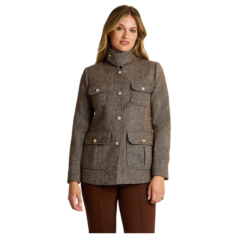 CHAQUETA CAFE  ESTILO CASACA CON ESTAMPADO GEOME TRICO CLASICO Y BOLSILLOS - 1