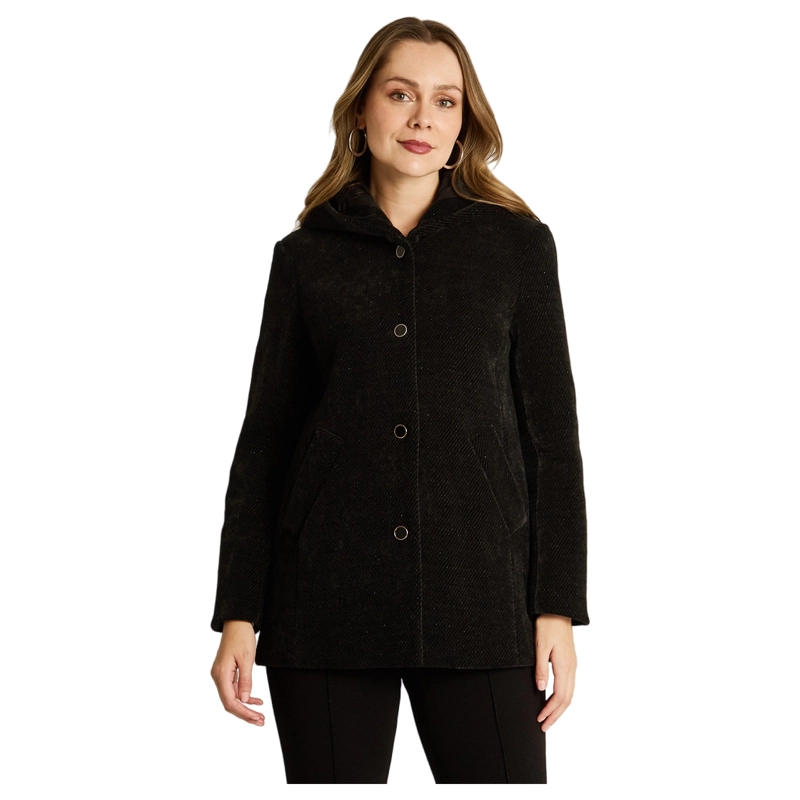 CHAQUETA NEGRA CON LUREX, GORRO Y BOLSILLOS - 1