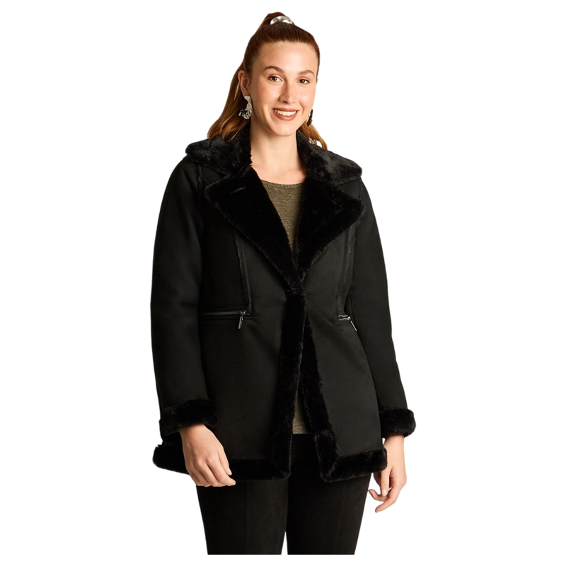 CHAQUETA NEGRA DE SUEDE CON FORRO SHERPA Y SOLAPA AMPLIA - 1