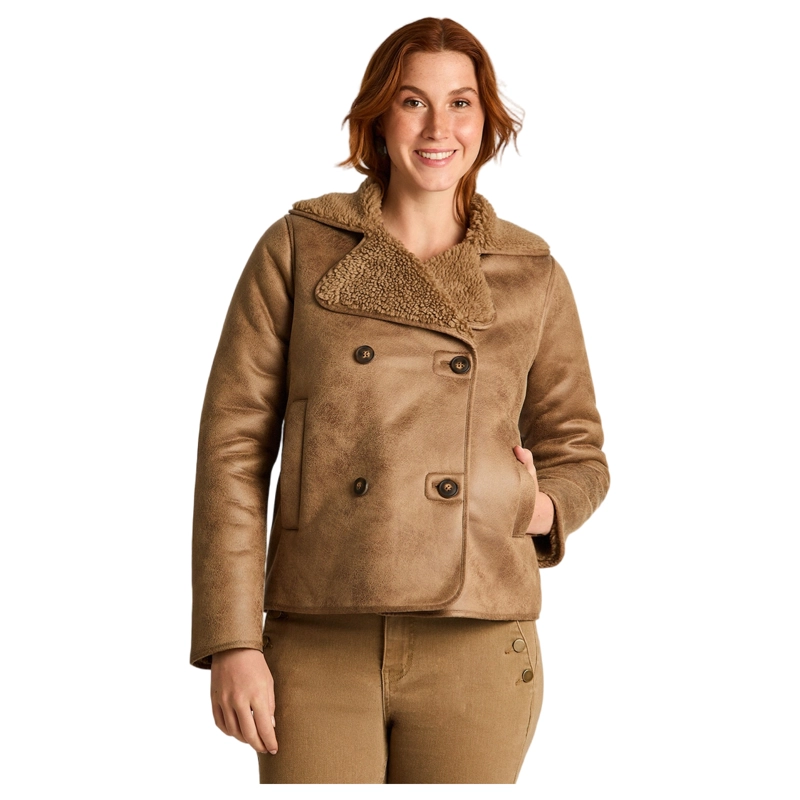 CHAQUETA CAMEL EN ECOCUERO CON CUELLO SHERPA Y DOBLE BOTONADURA - 1