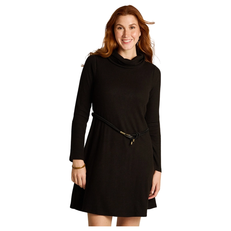 VESTIDO NEGRO DE LANILLA CON CUELLO ALTO Y CINTURON - 1