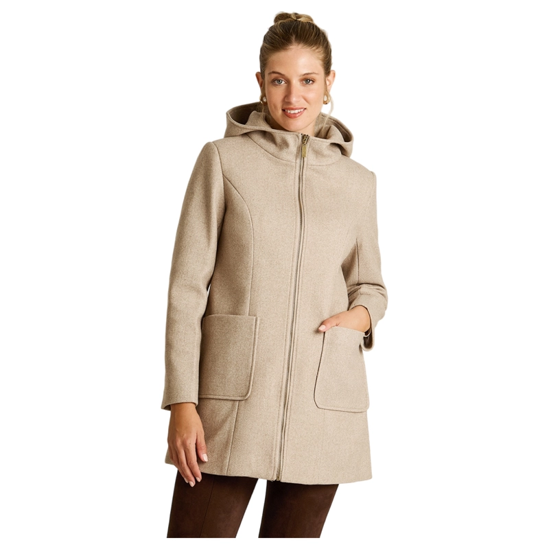 ABRIGO BEIGE CON CAPUCHA Y CIERRE FRONTAL - 1