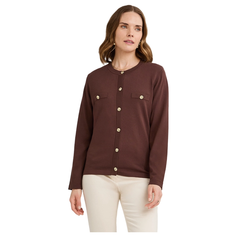 CARDIGAN ESCOTE REDONDO CON BOLSILLOS FALSOS CAFE - 1