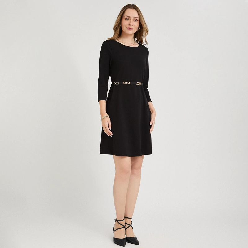 VESTIDO CORTO MANGA 3/4 CON CINTURON METALICO NEGRO - 4