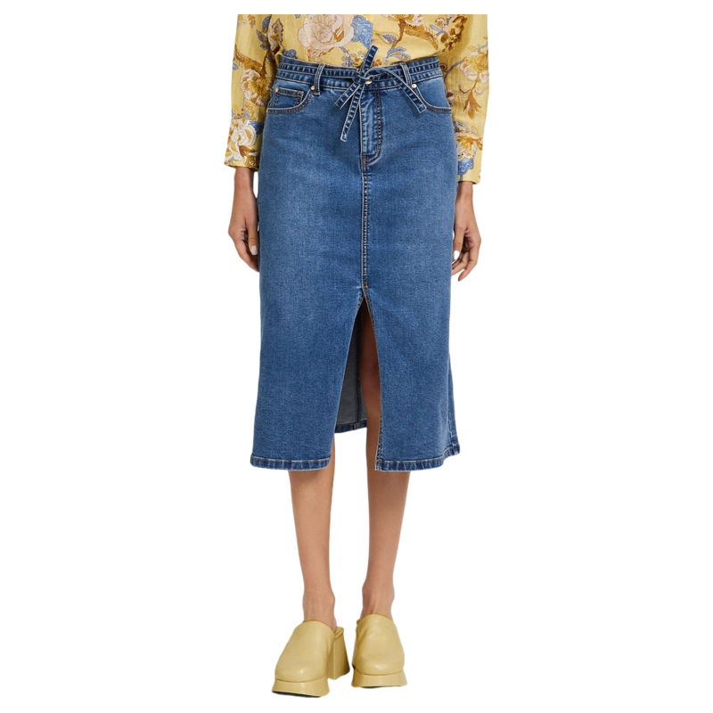 FALDA DE DENIM CON CINTURON Y CORTE FRONTAL AZUL - 1