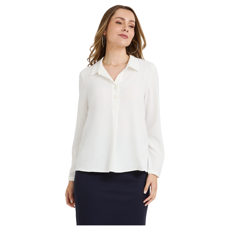 BLUSA MANGA ROLL UP CON BOTONES EN ESCOTE BLANCO - 1