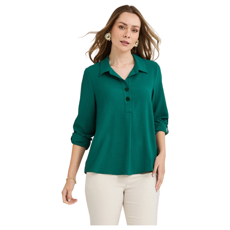 BLUSA MANGA ROLL UP CON BOTONES EN ESCOTE VERDE - 1