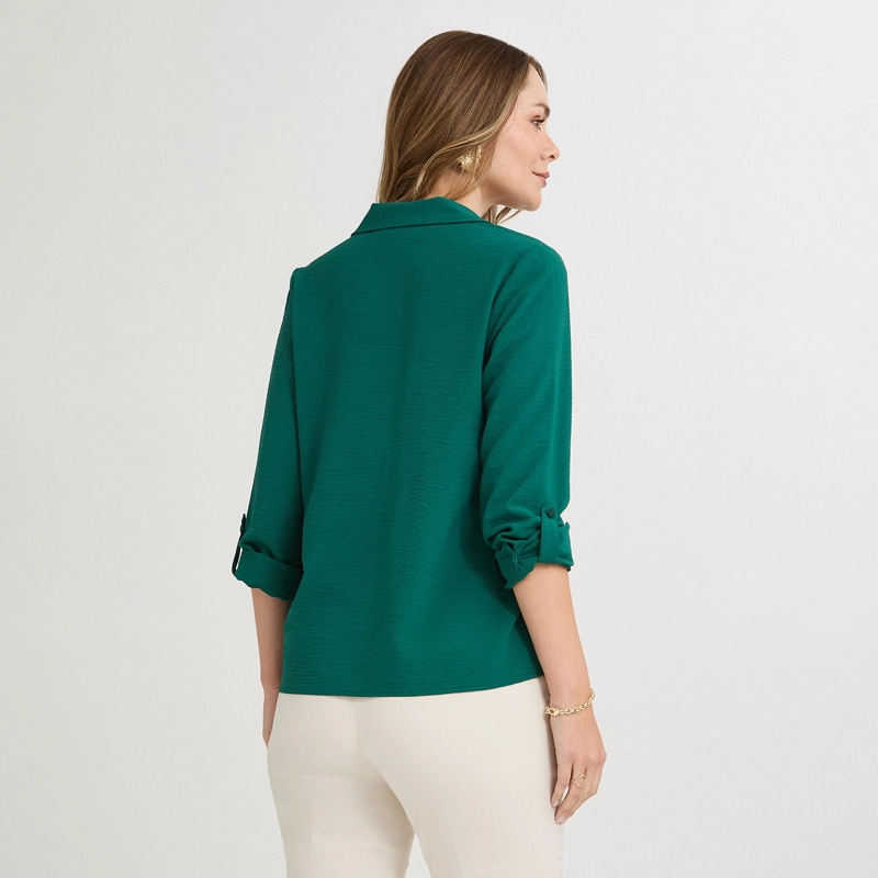 BLUSA MANGA ROLL UP CON BOTONES EN ESCOTE VERDE - 2