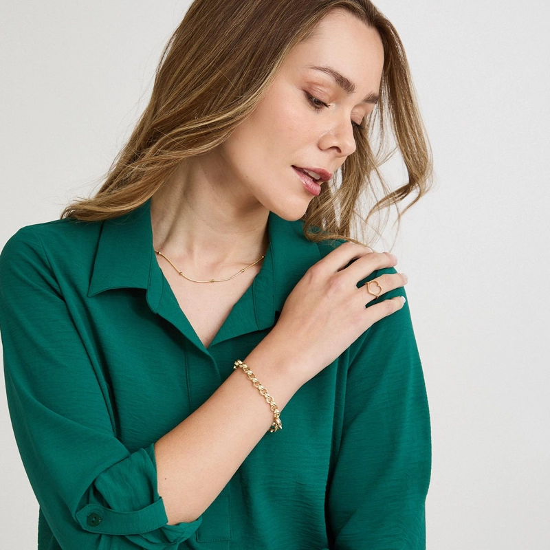 BLUSA MANGA ROLL UP CON BOTONES EN ESCOTE VERDE - 3