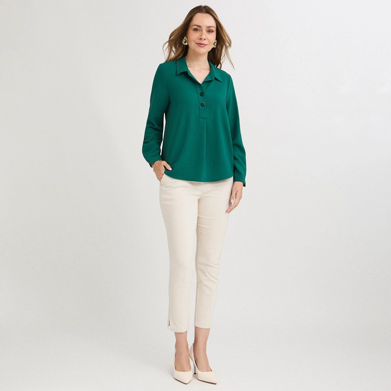 BLUSA MANGA ROLL UP CON BOTONES EN ESCOTE VERDE - 4