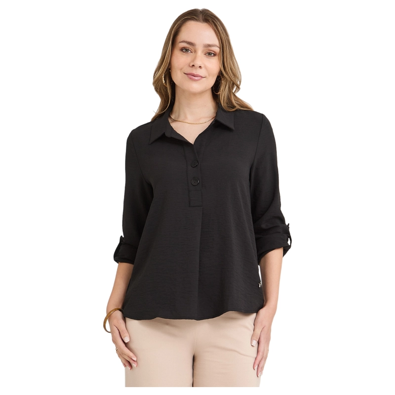 BLUSA MANGA ROLL UP CON BOTONES EN ESCOTE NEGRO - 1