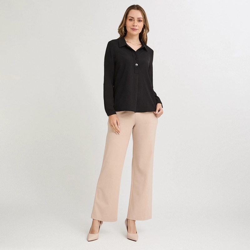 BLUSA MANGA ROLL UP CON BOTONES EN ESCOTE NEGRO - 4